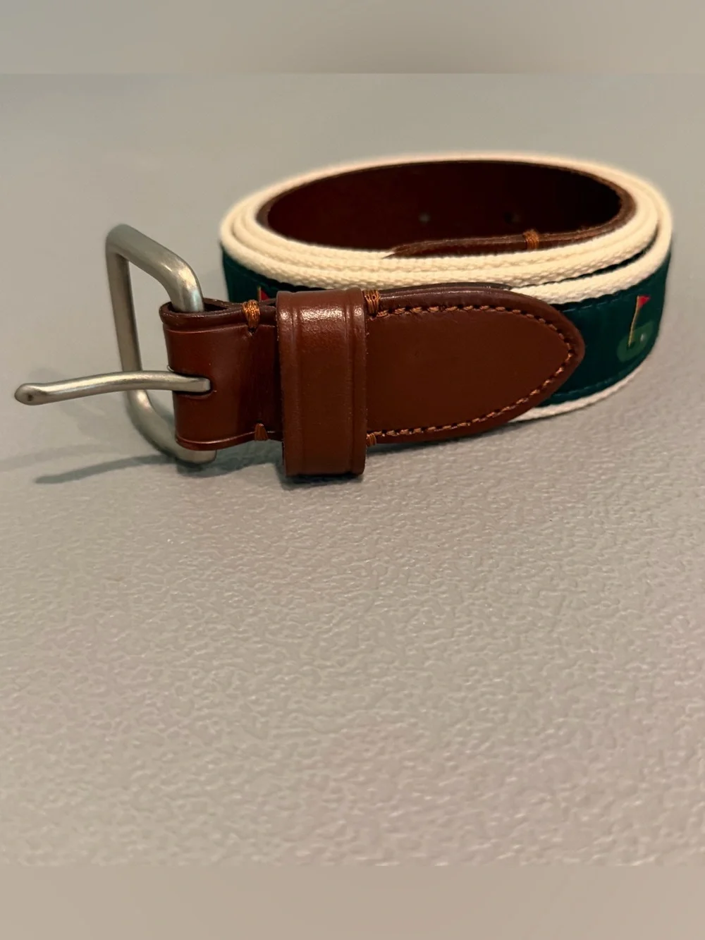 J.CREW Men's Golf Themed Belt Cotton & Leather Sz 40 Green Brown Leather/Cotton